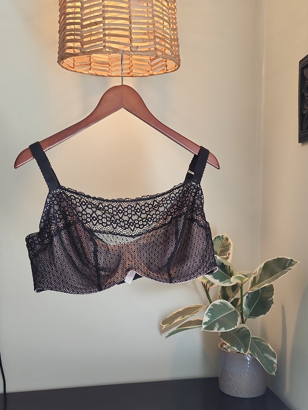 Cacique Black Lace Balconette Bra with Sheer Pattern